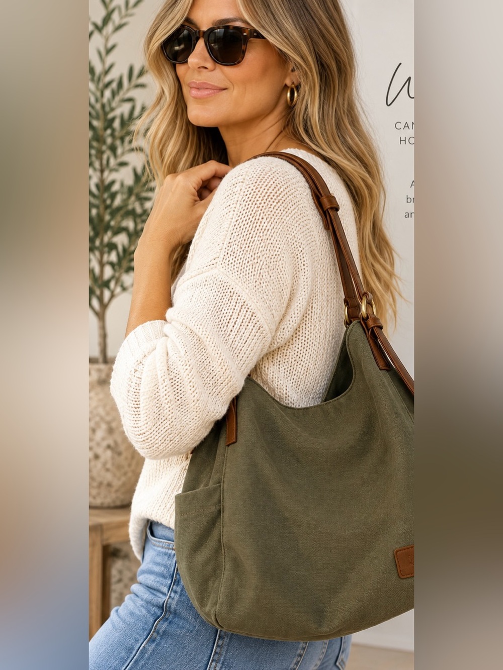 Worldlyda Army Green Canvas Multi-Pocket Hobo Shoulder Bag.